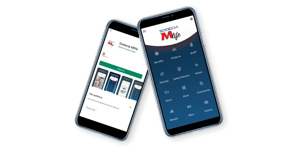 Zamestnanecká aplikácia Sodecia Mlife v Google Play a jej hlavné menu na dvoch smartfónoch