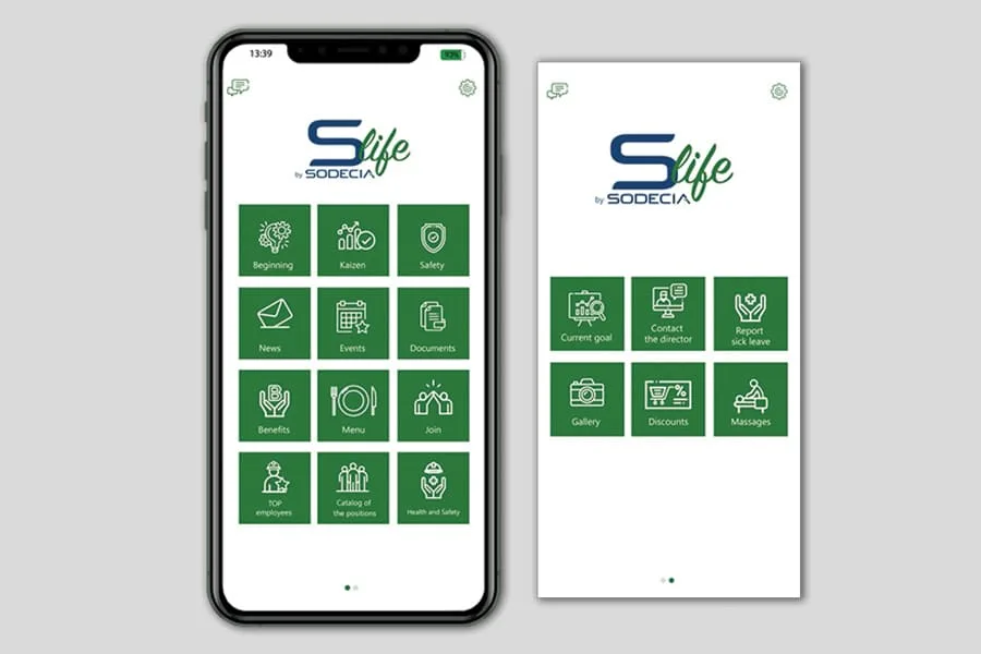 Dve obrazovky mobilnej HR aplikácie Slife by Sodecia so zelenými dlaždicami menu