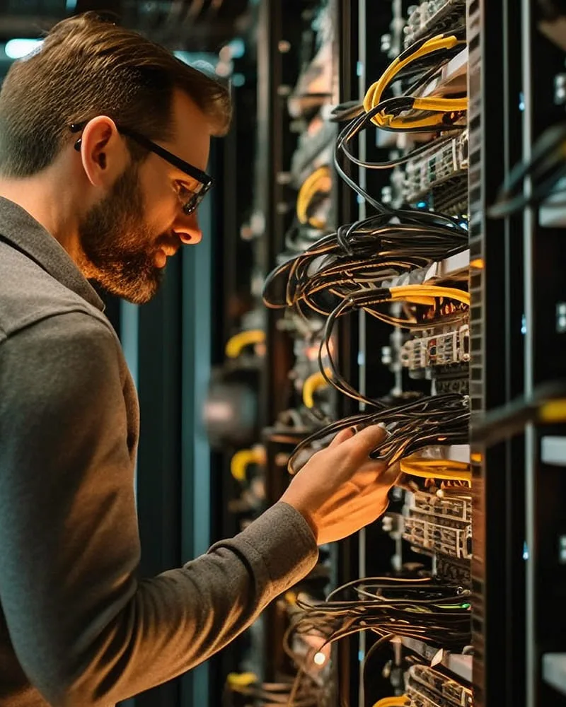 Technik kontroluje kabeláž v serverovom racku dátového centra