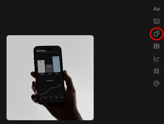 Panel nástrojov Tome App so zvýraznenou ikonou na vkladanie tvarov