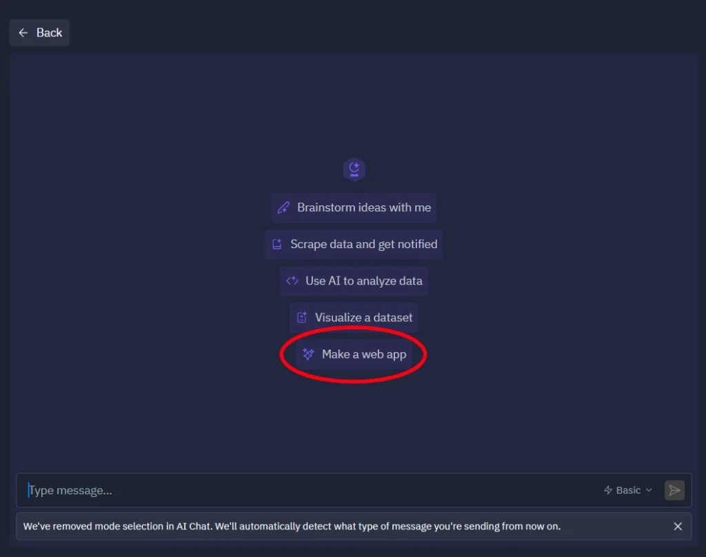 Výber typu projektu v AI chate so zakrúžkovanou možnosťou Make a web app