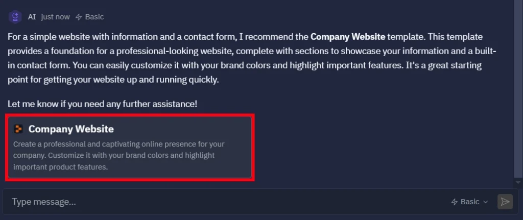 AI asistent odporúča šablónu Company Website zvýraznenú červeným rámčekom