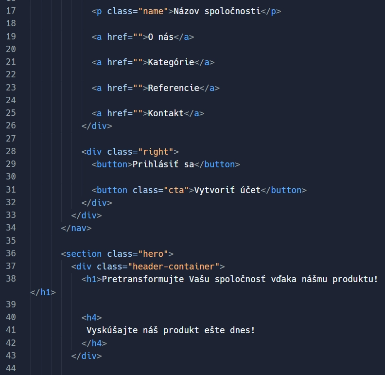 HTML kód šablóny s upravenými slovenskými názvami navigácie a nadpisov