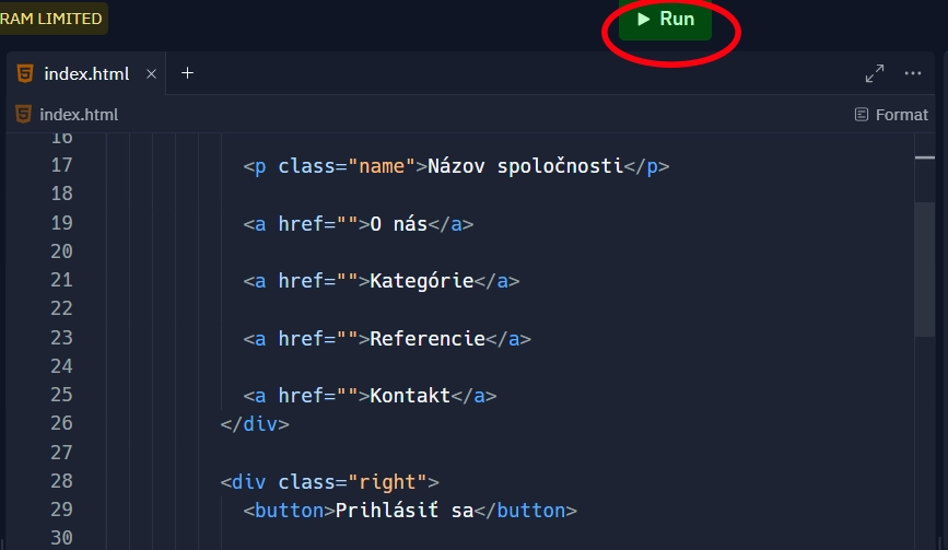 Editor kódu so zakrúžkovaným tlačidlom Run na spustenie stránky