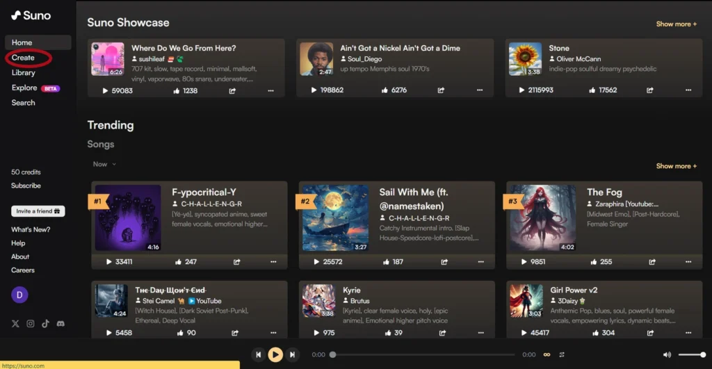 Domovská stránka Suno so zvýrazneným tlačidlom Create v bočnom menu