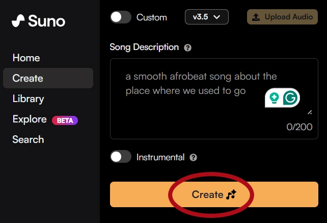 Formulár tvorby piesne v Suno s políčkom Song Description a tlačidlom Create