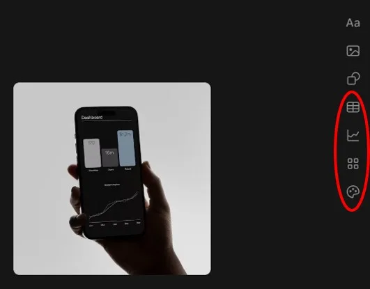 Panel nástrojov Tome App so zvýraznenými ikonami tabuliek, grafov a dizajnu