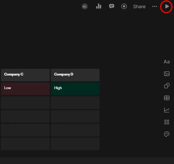 Horná lišta Tome App so zvýrazneným tlačidlom Play na spustenie prezentácie