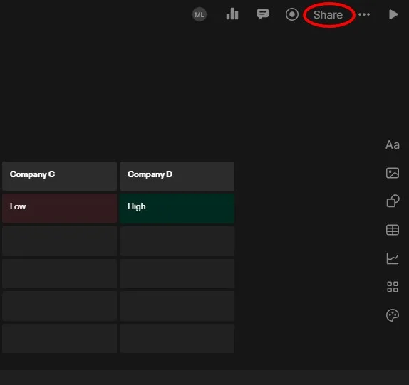 Horná lišta Tome App so zvýrazneným tlačidlom Share na zdieľanie prezentácie