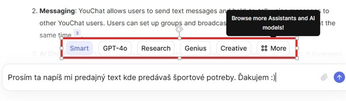 Režimy Smart, GPT-4o, Research, Genius a Creative nad textovým poľom