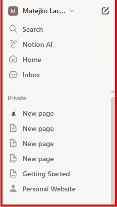 Bočný panel Notion s položkami Search, Notion AI, Home, Inbox a súkromnými stránkami