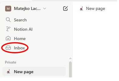 Zvýraznená položka Inbox v bočnom paneli Notion pod ikonou Home