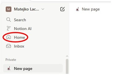 Zvýraznená položka Home v hornej časti bočného panela Notion