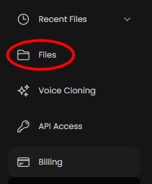 Bočné menu Play.ht so zvýraznenou položkou Files