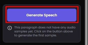 Tlačidlo Generate Speech na prevod textu na hlas v Play.ht