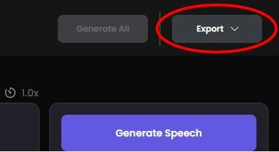 Zvýraznené tlačidlo Export na stiahnutie hotovej nahrávky v Play.ht